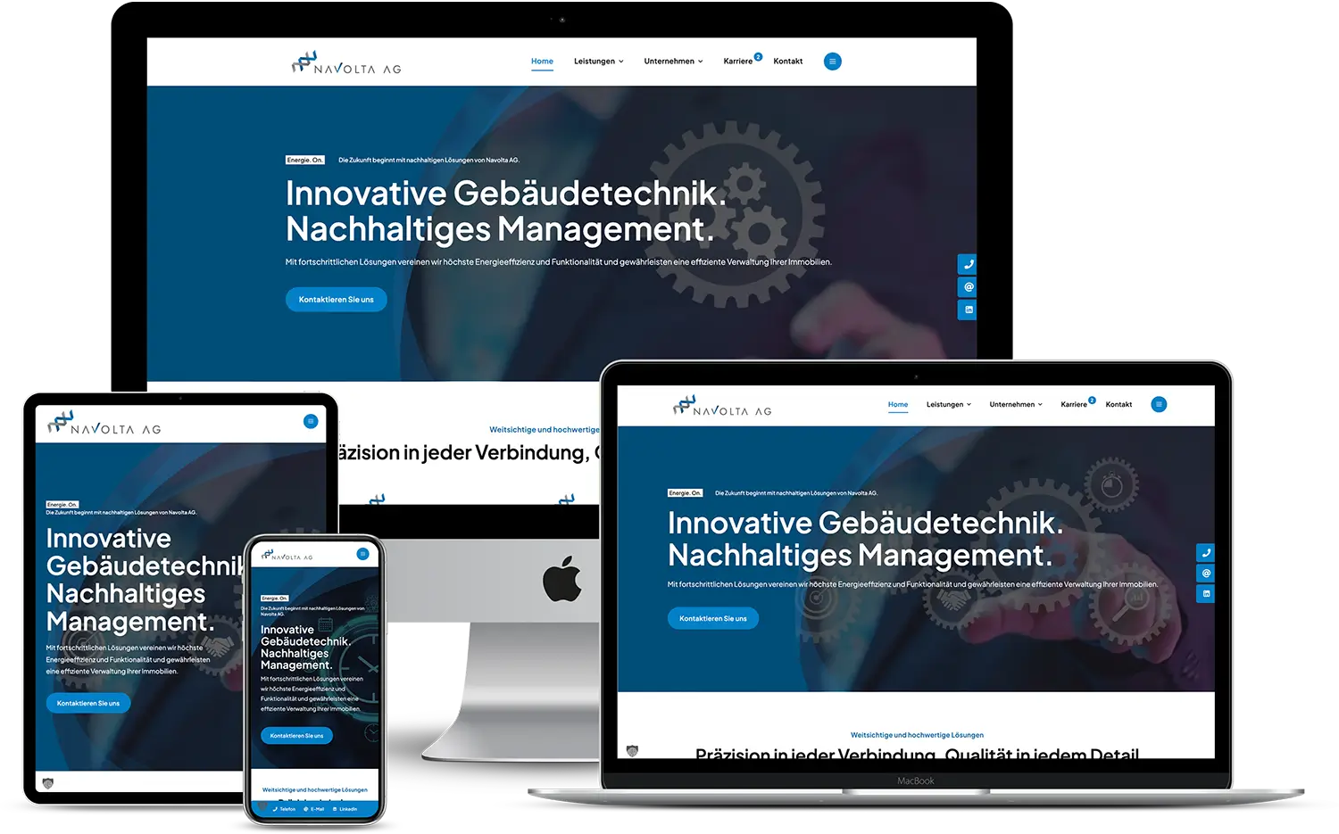 Auf vier Geräten wird eine deutsche Unternehmenswebsite in Blautönen angezeigt, deren Schwerpunkt auf Dienstleistungen in den Bereichen Handwerk und Bau liegt. Auf vier Geräten wird eine deutsche Unternehmenswebsite in Blautönen angezeigt, deren Schwerpunkt auf Dienstleistungen in den Bereichen Handwerk und Bau liegt.