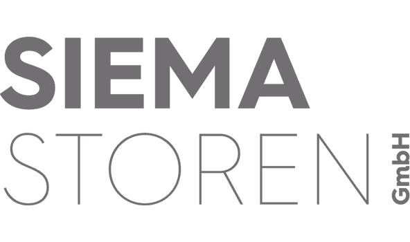 Graues Textlogo mit der Aufschrift „SIEMA STOREN GmbH“ auf weißem Hintergrund.