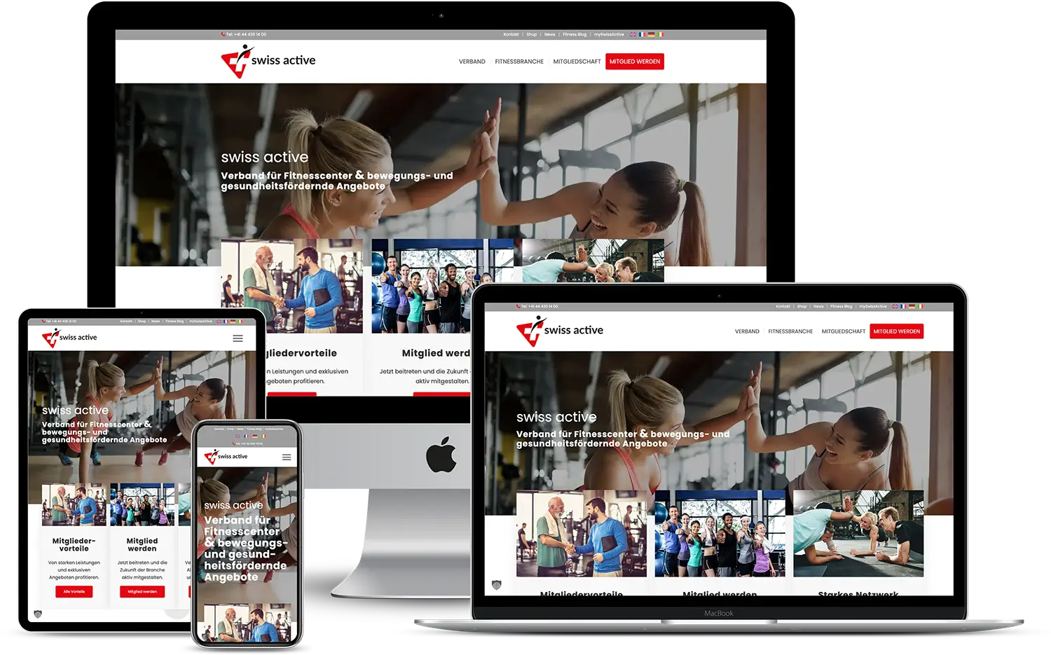 Eine Fitness-Website wird auf dem Bildschirm eines Desktop-Computers, Laptops, Tablets und Smartphones angezeigt. Eine Fitness-Website wird auf dem Bildschirm eines Desktop-Computers, Laptops, Tablets und Smartphones angezeigt.