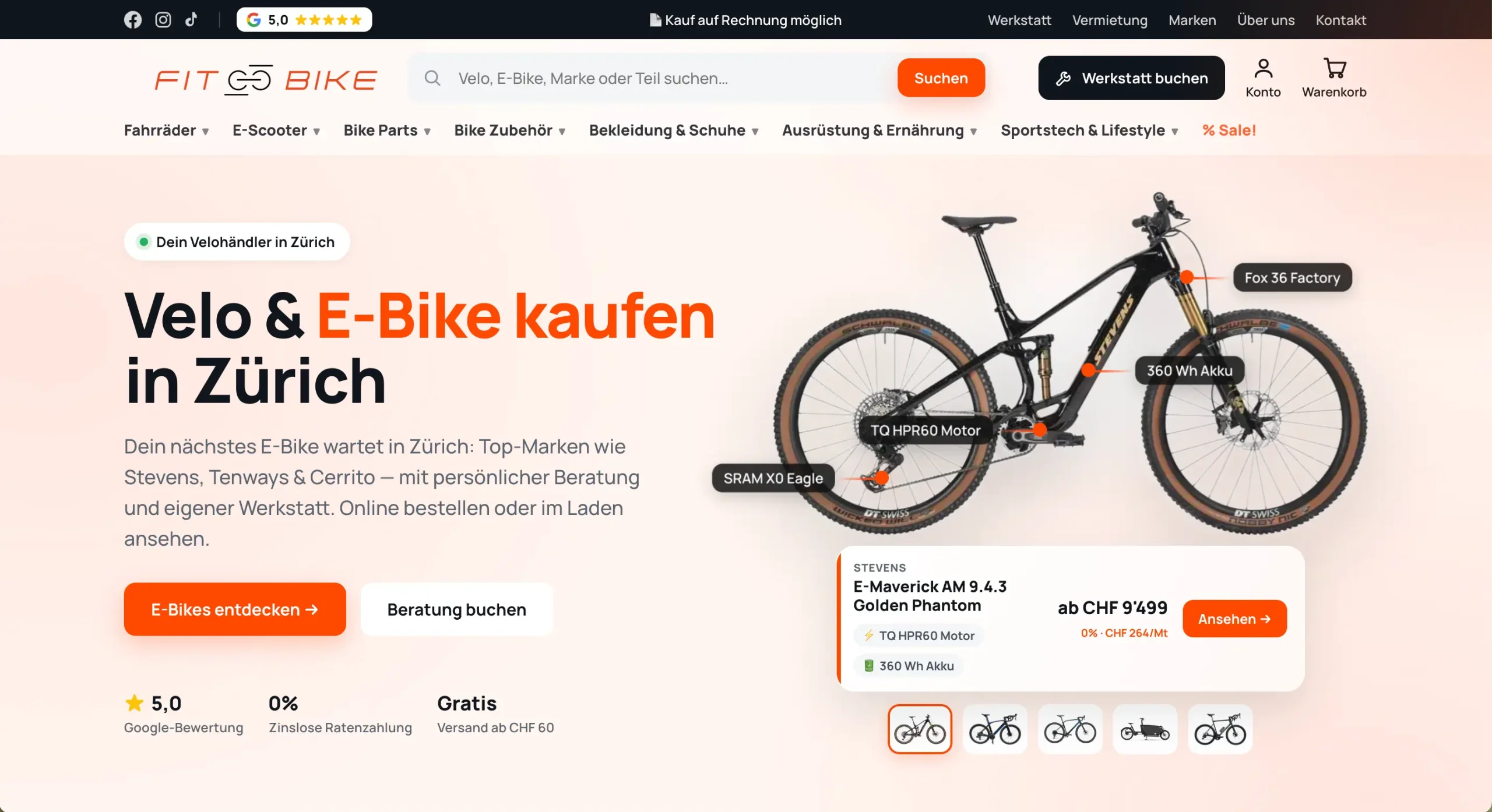 Deutsche E-Bike-Verkaufsseite von Webagentur mit einem großen Bild eines schwarzen und orangefarbenen Mountainbike-E-Bikes.