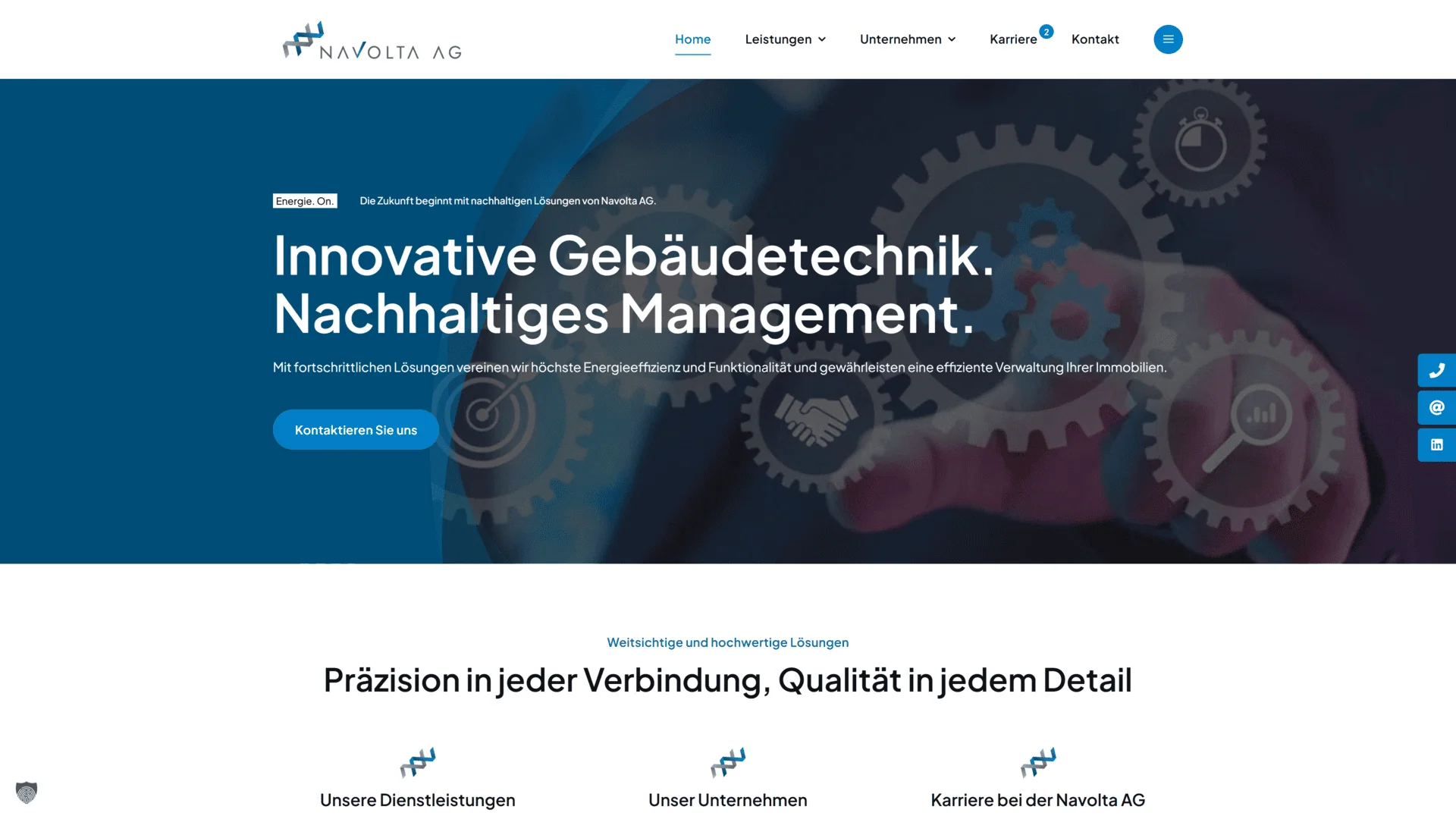 Homepage der Navolta AG, einer Webagentur, mit blauen Akzenten, Navigationsleiste und einem Text zum Thema Innovation auf Deutsch.