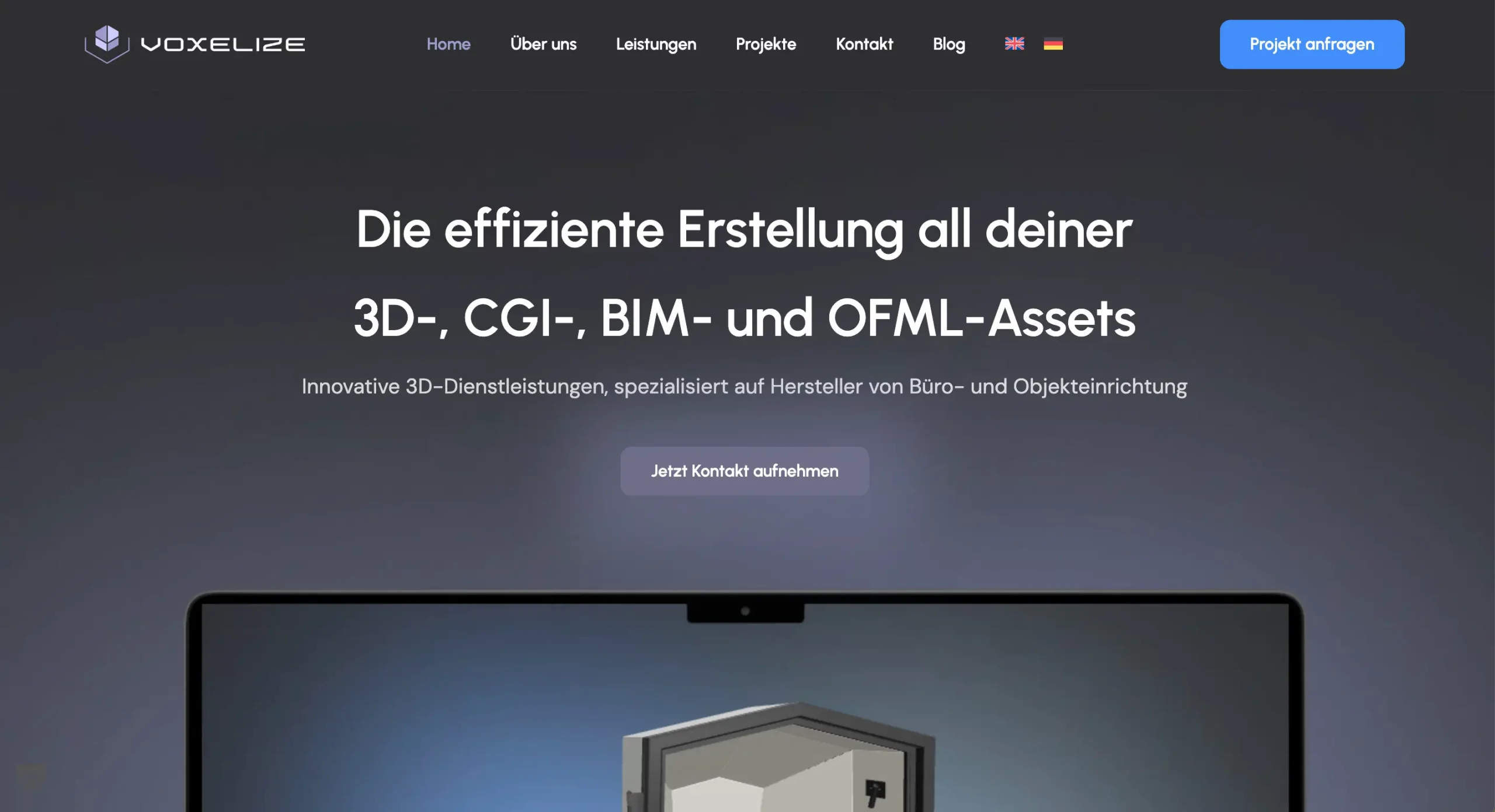 Homepage einer Webagentur für 3D, CGI, BIM und OFML-Assets auf Deutsch mit Kontakt-Button.